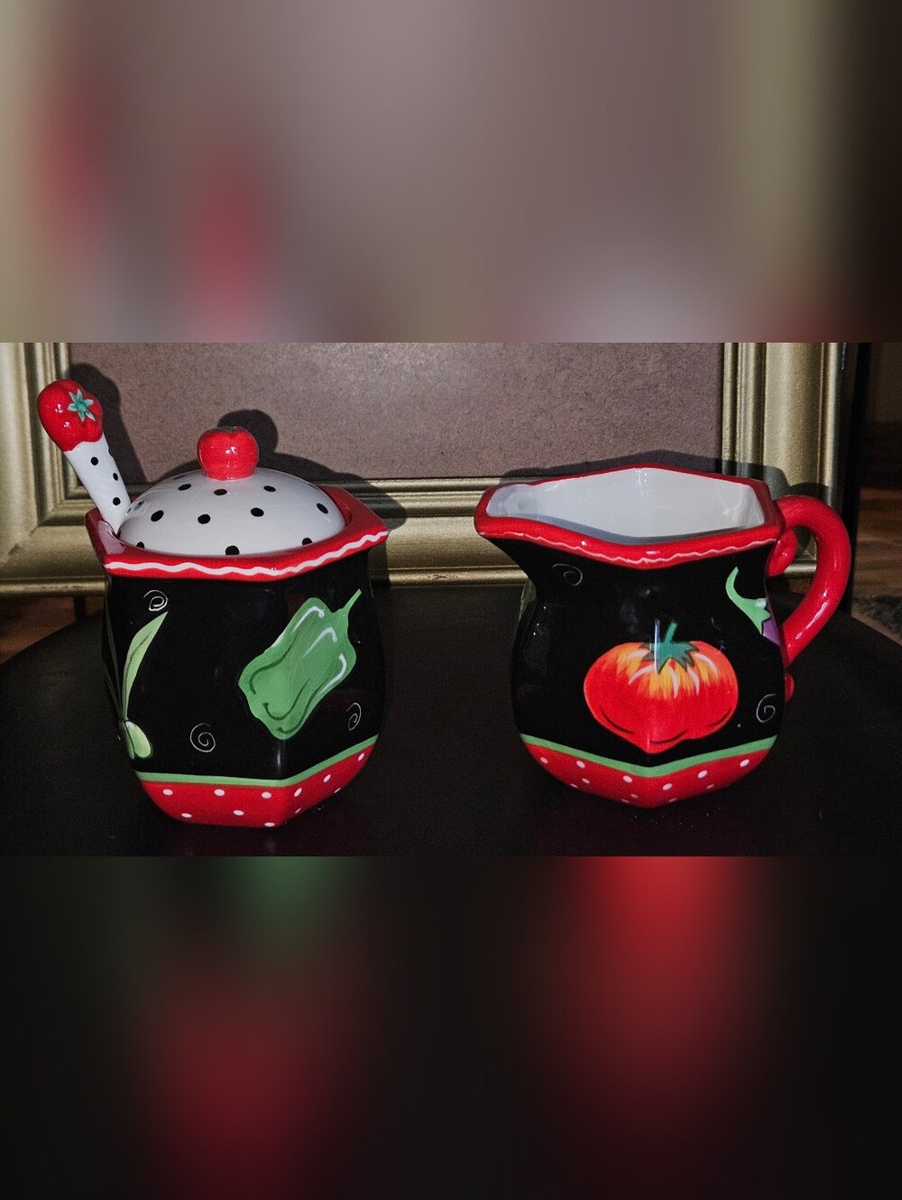 Coyne's & Company Black & Red Ceramic Tomato Sugar Jar and Creamer Set
